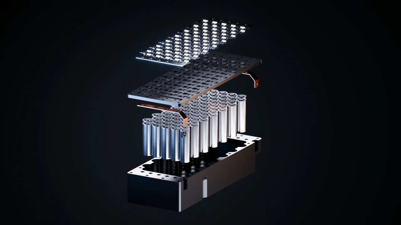 Render of a battery pack sub-module in exploded view: the housing, rows of cylindrical cells and the plates that connect them