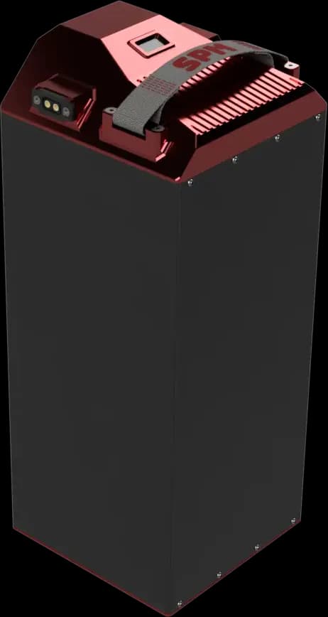 SPM high-voltage battery pack standing upright, showing the carry strap, status display and power connector