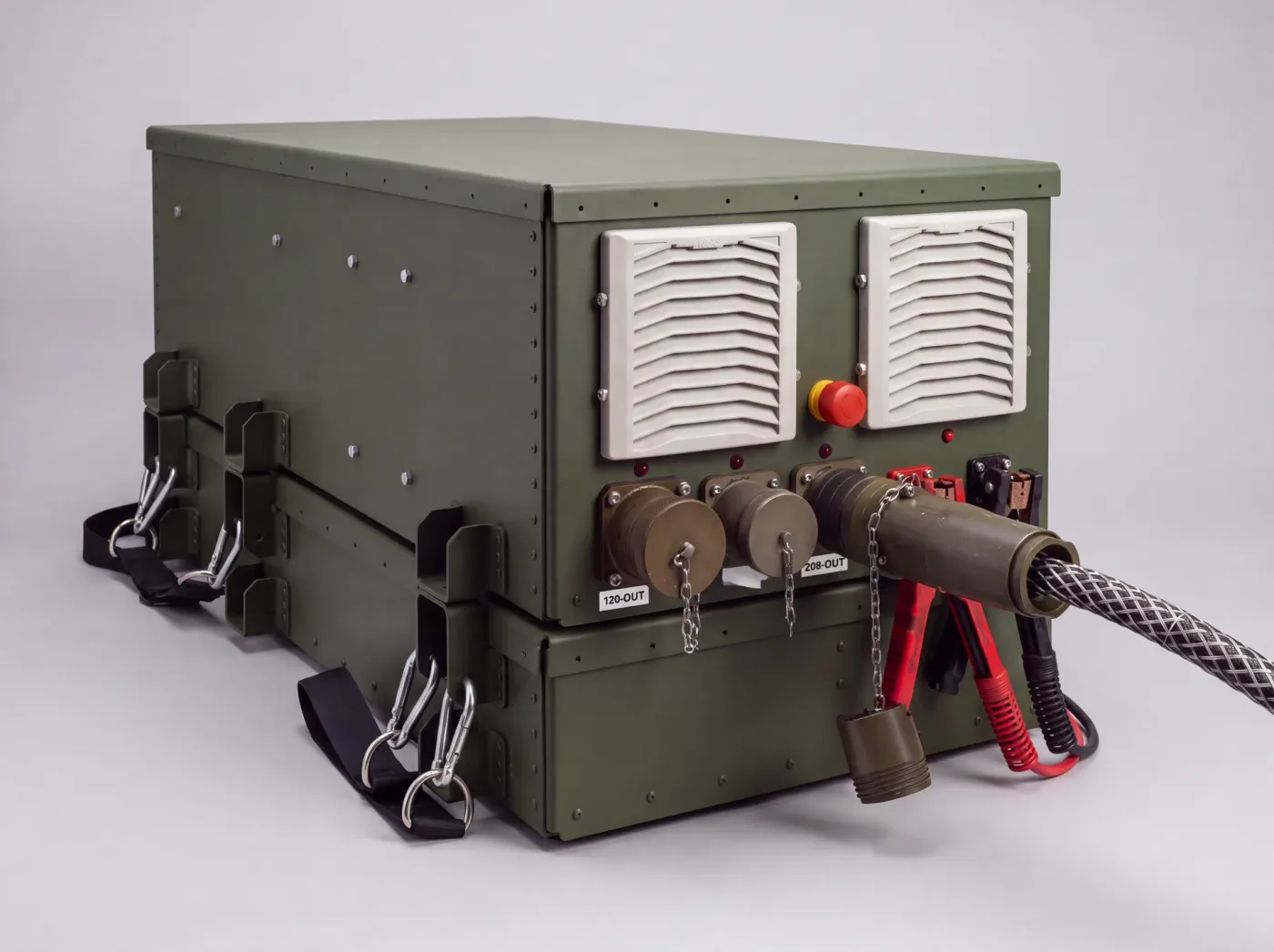 The output end of the SPM Power Export Kit (PEK): receptacles labelled 120-OUT and 208-OUT, a braided power cable connected, an emergency stop between the cooling vents, and clamp cables plugged in