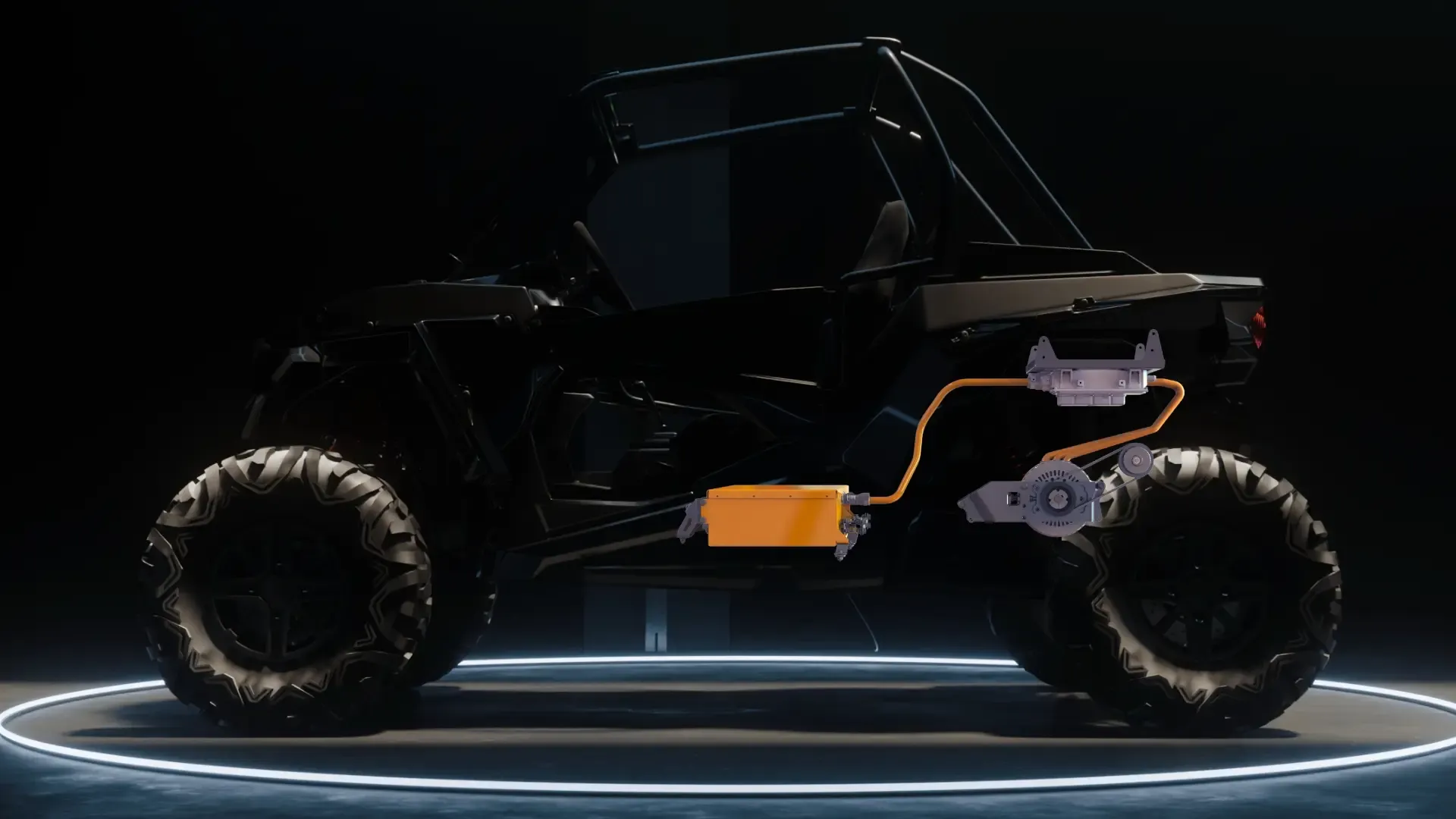Side view of a UTV with the SPM electric powertrain highlighted: battery pack mounted low in the chassis, high-voltage cabling routed to the inverter and rear-mounted motor